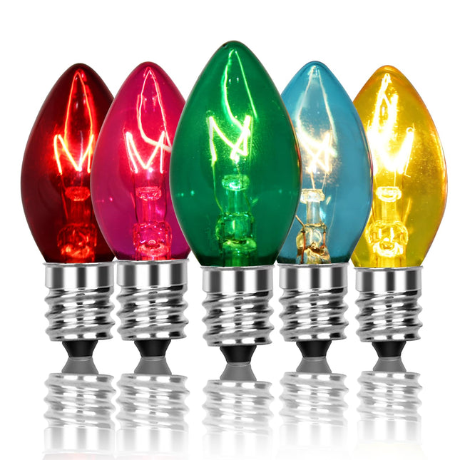 C7 Multicolor Christmas Replacement Bulbs, 25 Pack Vintage Outdoor Light Bulbs for Christmas Wedding Backyards Patio Decor, E12 Candelabra Base-5 Watt Bulb