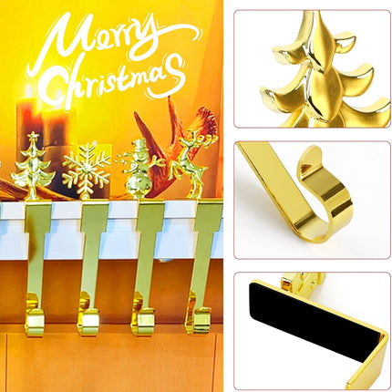 Set of 8 Christmas Stocking Holders for Mantle - Snowflake, Reindeer, Tree, Snowman, Bells, Wreath, Sleigh Ride - Perfect for Mantel Decoration Gold