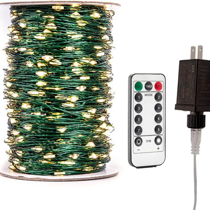 Green Wire Fairy Lights Plug in 100FT High Bright 300 LED Waterproof LED String Lights with Remote Warm White for Christmas Tree, Patio, Garden, Backyard
