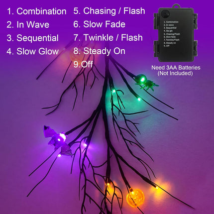 [Timer & 8 Modes] 6Ft 57 LED Halloween Willow Vine Twig Halloween Garland with 6 Orange Pumpkins & 6 Purple Bats & 6 Green Light Spider Waterproof Battery Operated Halloween Light Mantel Wall Decor