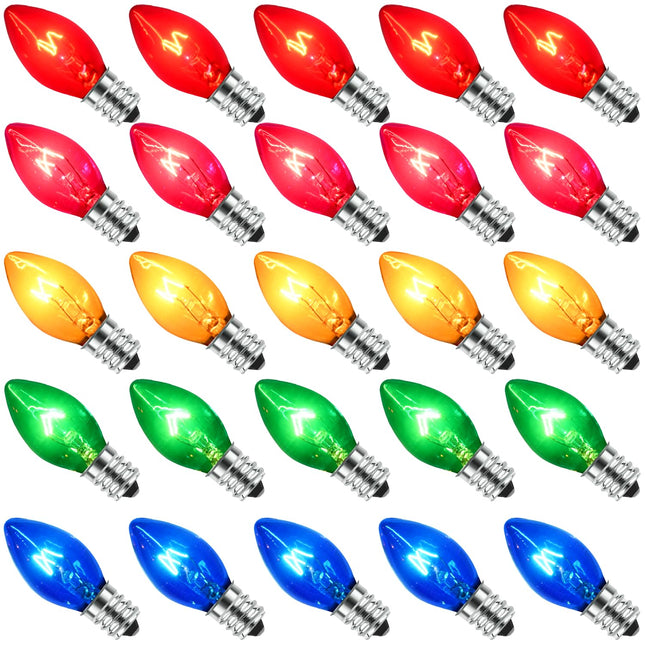 25 Pack C7 Clear Multicolor (Red, Blue, Green, Yellow, Pink) Christmas Lights Replacement Bulbs, Hanging Christmas Decorations Outdoor String Lights for Christmas Party, E12 Candelabra Base, 5 Watt