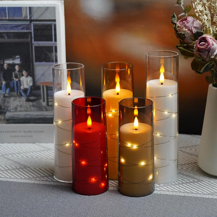 Flameless Candles Battery Operated,5 Pcs Acrylic Flickering LED Candles with Remote,with Embedded Star String Flameless Pillar Candle,Home Decor Halloween Christmas Creating Ambiance(White)