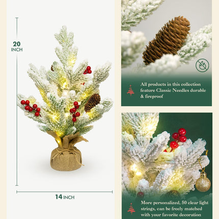 2 Pack Mini Table Christmas Trees - Battery Operated Flocked Holiday Décor for Indoor Rooms Decoration w/Red Berries, Pine Cones, 18inch