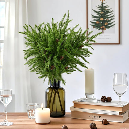 12 Pcs Christmas Norfolk Pine Branches, Artificial Christmas Pine Branches Norfolk Pine Stems, DIY Crafts Faux Christmas Greenery Stems, Real Touch, for Xmas Indoor Outdoor Home Decor.