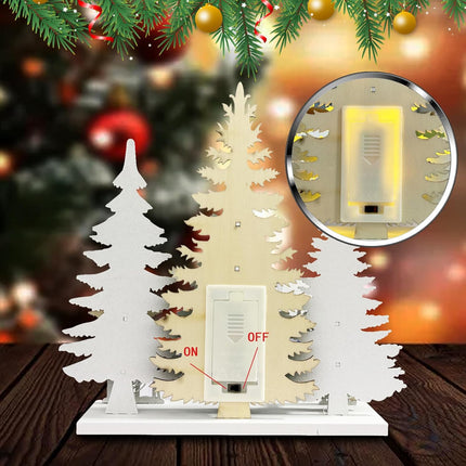 Wooden Christmas Tree Tabletop Decorations, LED Light up Wooden Christmas Ornaments 10inch 2AA Battery Powered for Xmas Home Holiday Party Décor