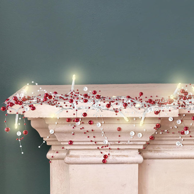 10 Feet 30 LED Christmas Light Metal Berry Beaded Garland Indoor Christmas String Lights for Fireplace Mantel Indoor Christmas Light Decorations (Red, White)