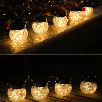 Solar Lantern Solar Lights Outdoor Waterproof 6-Pack, Solar Powered Hanging Lights Cracked Glass Hanging Globes for Christmas Decoration, Shepherd Hook, Garden Tree Ornaments