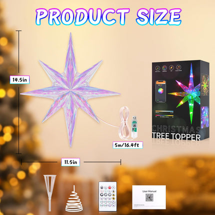 TOBUSA 14.5" Smart Christmas Tree Topper Star, Lighted Treetop Christmas Tree Decoration with Timer, 8-Pointed Bethlehem Star Bluetooth APP Remote Control Music Sync, DIY Color Changing LED Xmas Light