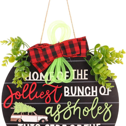 VOSAREA Christmas Hanging Sign Christmas Welcome Front Door Sign Home of The Jolliest Bunch of Plaque Wreath This Side of The Nuthouse Hanger for Holiday Decor