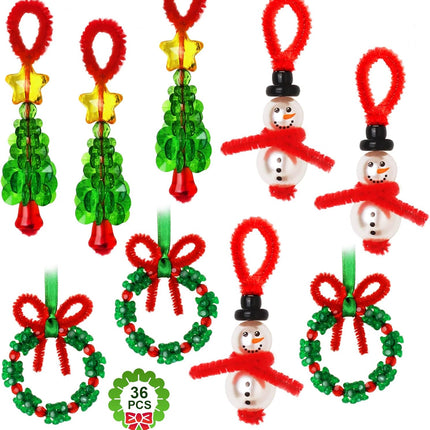 GYGOT Christmas Crafts for Kids,36 Sets Christmas Beaded Ornament Kit-Including 12 PCS Snowman/12 PCS Christmas Tree/12 PCS Wreath,Xmas Party Holiday Craft Tree Decorations (Assembly Needed)