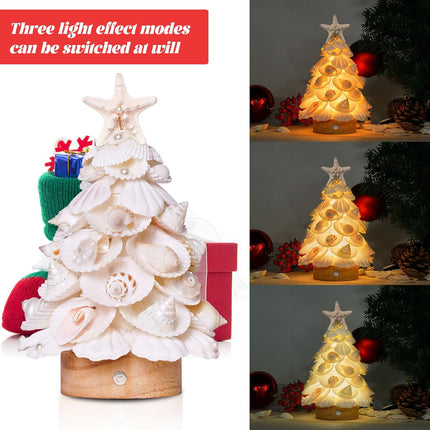 Sea Shells Christmas Tree Handmade Crafts Tabletop Shells Christmas Tree with LED Light, for Christmas & Beach Decoration, Party Birthday , Home Decor, Figurines Christmas Tree
