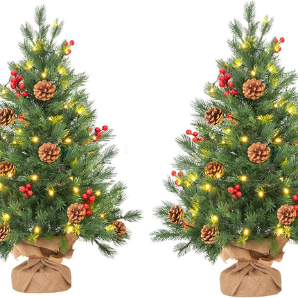 2 Pack 24 in Realistic Feel Thick Prelit Artificial Christmas Tree Tabletop Decorations Timer Battery Operated Pine Cones Red Berries Christmas Indoor Home Decoration