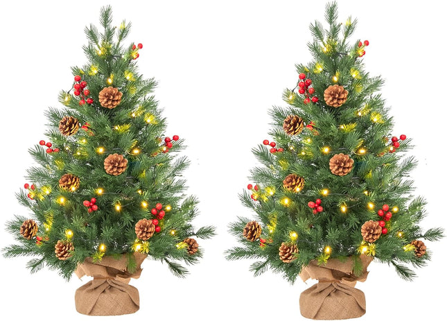 2 Pack 24 in Realistic Feel Thick Prelit Artificial Christmas Tree Tabletop Decorations Timer Battery Operated Pine Cones Red Berries Christmas Indoor Home Decoration