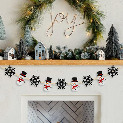 6Ft Christmas Winter Garland - Winter Snowman & Black Snowflake Felt with Wood Beads - Festive Holiday Decor for Mantle, Wall, Tree - Perfect for Indoor Christmas Decorations & Celebrations
