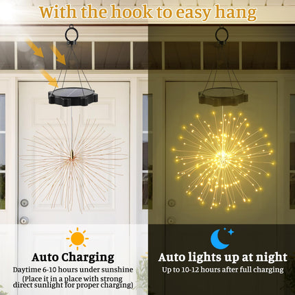 2 PCS Solar Lights Outdoor Solar Firework Lights, 240 LED Solar Powered Hanging Lights Outdoor Waterproof Hanging Fairy Garden Lights Landscape Lights Christmas Decorations (Warm White)