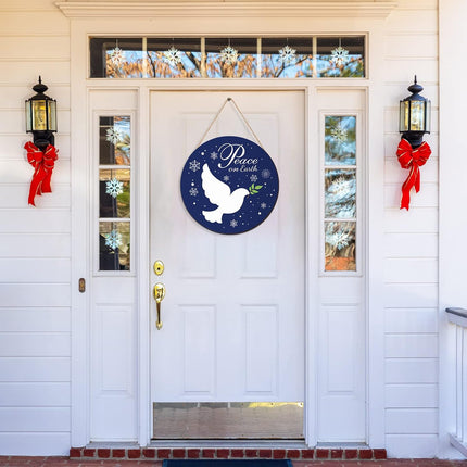 Gerrii Blue Christmas Decorations Christmas Hanging Wooden Sign Peace on Earth Door Sign Round Snow Christmas Wreath for Front Door Funny Winter Wreath Sign for Front Door Rustic Xmas Wood Sign