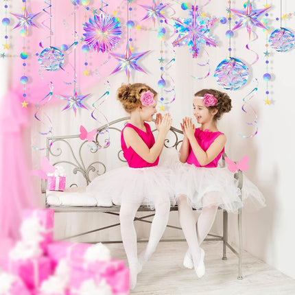 Jerify 37 Pieces Home Iridescent Holographic Garland Iridescent Party Supplies Kit Christmas Snowflake Hanging Honeycomb Ball Decorative Christmas Paper Fan Snowflake Garlands Star Hanging Swirl Disco