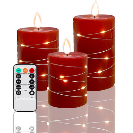 Red Flameless Candles with String Lights Battery Operated LED Pillar Candles 4‘’ 5‘’ 6‘’ Candle with Remote Control,Fake Candle Set of 3 for Christmas or Special Festivals Decorations