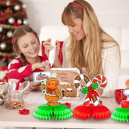 9PCS Christmas Tree Honeycomb Table Decorations for Home Party Christmas Gingerbread Man Snowman Santa Candy Cane Table Topper Centerpiece Decoration for Table Decor Christmas Party Supplies