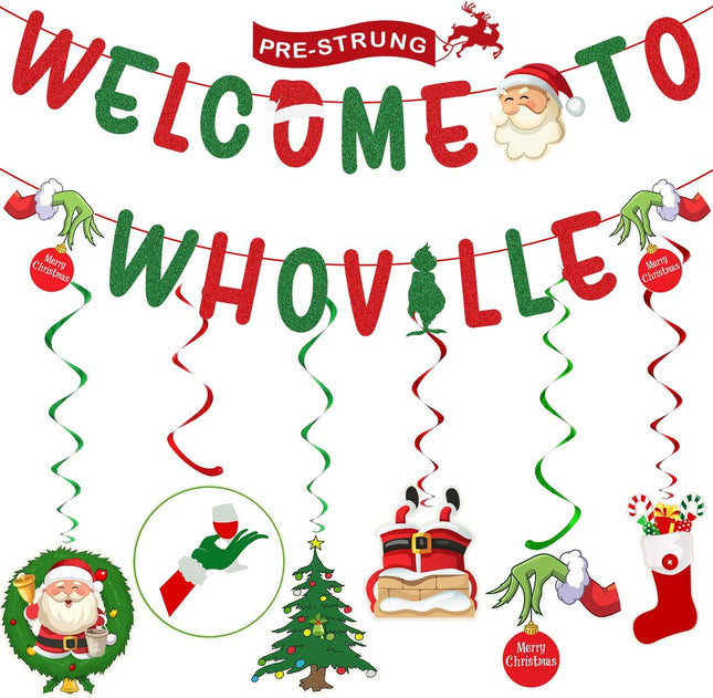 Christmas Decorations – Glittery Welcome To Whoville Banner, Hanging Swirls with Christmas Ornaments for Christmas Decorations Indoor Outdoor, Christmas Decor, Christmas Party Decorations