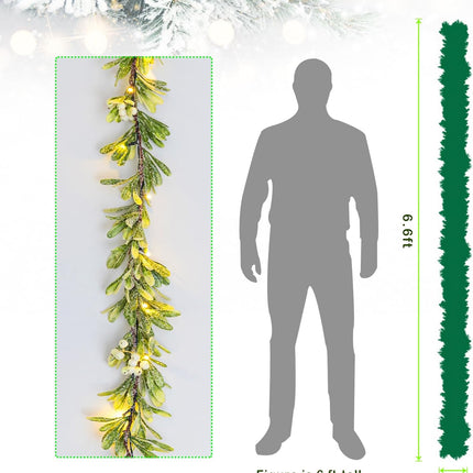 6 FT Lighted Christmas Garland Pre-lit with 20 LED Lights, Battery Operated, Christmas Garland Decorated with Snowflake for Mantle Stairs Wall, Indoor Outdoor Olive Garland for Christmas Decorations