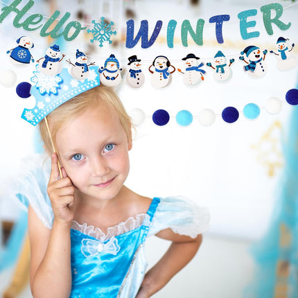 5 Pcs Winter Garland Decorations Hello Winter Banner Winter Felt Garlands Snowman Gnome Decorations Hanging Christmas Winter Decoration for Birthday Christmas Party Decor