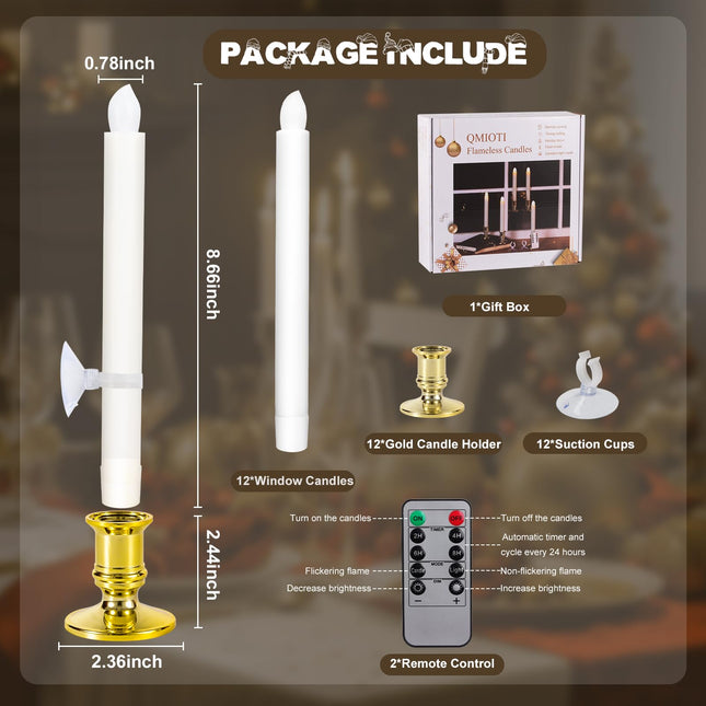 12 Pack Christmas Window Candles, Battery Operated Window Candles with Timer Remote, LED Window Candles with Candle Holders Suction Cups, Flickering Candles for Christmas Decorations, Gold