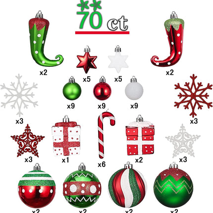 Christmas Ball Ornaments Set, Elf Boots Theme 70ct Classic Collection Splendor Red Green White Christmas Ball Ornaments, Shatterproof Xmas Balls for Christmas Tree Decoration