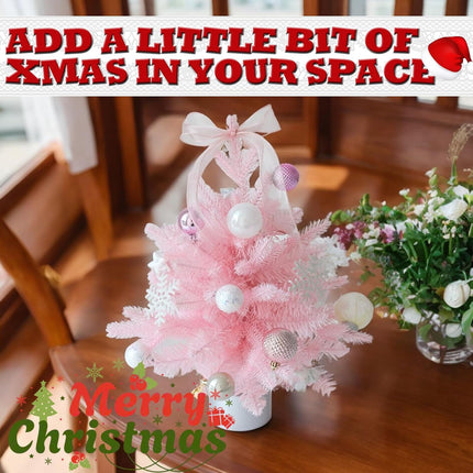 18inch Pink Mini Christmas Tree Small Christmas Tree with Lights and Silver Rotate Music Box Tree Base Pre-Decorated Table Christmas Tree Artificial Xmas Tree with Ornaments Add Festive Charm