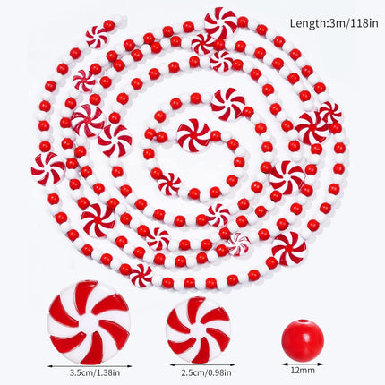 obmwang 10 Feet Christmas Wooden Bead Garland Christmas Candy Garland Red and White Peppermint Candy Bead Garland for Xmas Party Supplies Holiday Decor (Red and White)