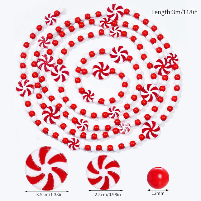 obmwang 10 Feet Christmas Wooden Bead Garland Christmas Candy Garland Red and White Peppermint Candy Bead Garland for Xmas Party Supplies Holiday Decor (Red and White)