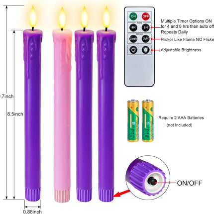 Set of 4 LED Christmas Advent Candle Lights, Battery Operated Taper Candles for Advent Wreath, 3 Purple 1 Rose Flickering Wax Flameless Candles for Holiday School Church Advent Celebration
