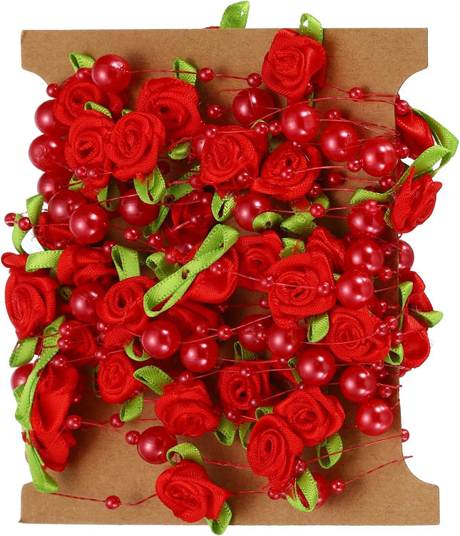 PATIKIL Rose Pearl String Beads, 16.4 Ft Artificial Pearl Wire Garland for Christmas Party DIY Craft Home Wedding Decorative, Red