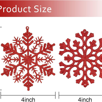 36pcs Christmas Snowflake Ornaments Plastic Glitter Snowflakes Ornaments for Xmas Tree Decorations, 4-inch, Red