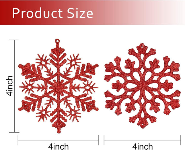 36pcs Christmas Snowflake Ornaments Plastic Glitter Snowflakes Ornaments for Xmas Tree Decorations, 4-inch, Red