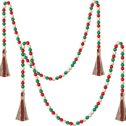 2 Pieces Christmas Wooden Beads Garland 41’’ Farmhouse Garland with Buffalo Plaid Tassel Winter Rustic Tier Tray Decor for Xmas Tree Holiday Ornaments Decor