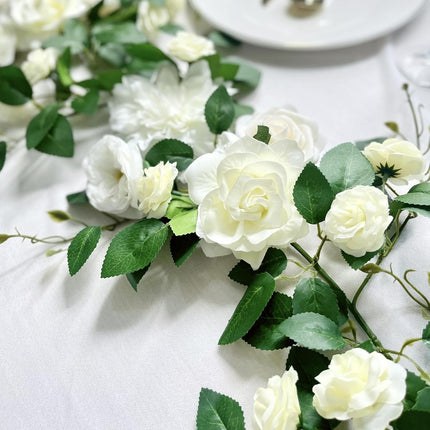 Artificial Flowers Eucalyptus Garland with Flowers 6FT Fall Flowers,Wedding Arch Flowers,Wedding Table Garland,Flocked garland, Wedding Decorations,garland christmas decorations ( white)