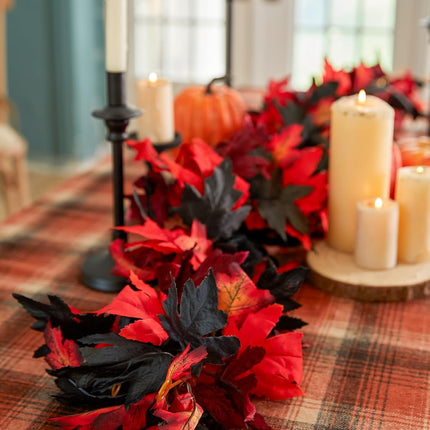 PARTY JOY 6PCS Black Red Leaf Garland, 5.6Ft Halloween Garland Artificial Maple Leaf Autumn Garland Hanging Fall Vines Table Decorations for Thanksgiving Front Door Decorations Fall Decor