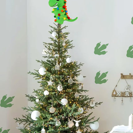 Dinosaur Christmas Tree Topper with Stand and Glitter Star Handmade T-rex Green Dinosaur Xmas Tree Ornament Winter Holidays Home Decorations Wreath Festive Kids Ideas Supplies