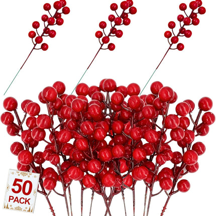 50 Pack Red Berry Stems Waterproof Christmas Picks Sprays Holly Berry Branches Christmas Tree Decorations Artificial Flower for Vase DIY Crafts Xmas Ornament Wedding Winter Holiday Home Decor
