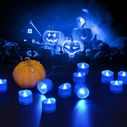 PChero Blue LED Tea Lights Candles with Timer, 12pcs Flameless Flickering Battery Opearted Blue Votive Tealights for Birthday Wedding Party Christmas Valentine Halloween Decor