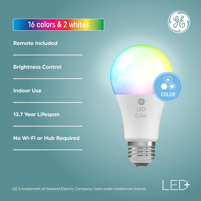 GE LED+ Color Changing A19 LED Light Bulbs with Remote, Indoor Multicolor Light, College Dorm Light, Dorm Room Essentials, Bedroom Light, 9.5W, Christmas s for Men, Holiday for Women (3 Pack)