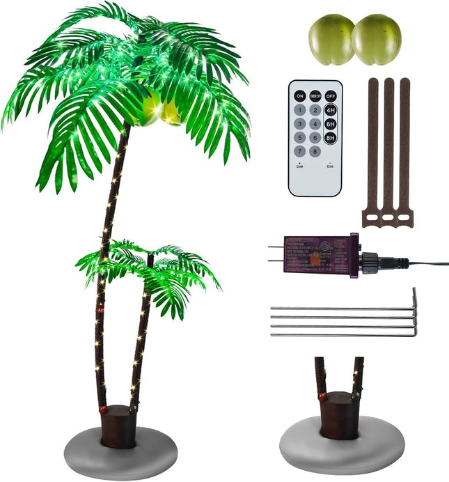 6FT Lighted Fake Palm Tree with 2 Trunks Artificial Palm Tree with LED Lights, for Home Decoration, Parties, Christmas, Nativity Scenes, and Outdoor Patios (6FT-2 Trunks)