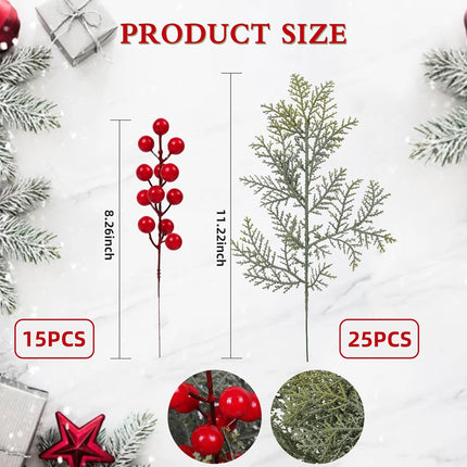 40Pcs Christmas Artificial Pine Needles Branches Red Holly Berry Stems, Artificial Cedar Sprigs Pine Leave Needles,Greenery Pine Stem Picks for DIY Xmas Garland Wreath Christmas Tree Home Garden Decor