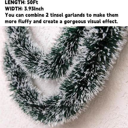 50 FT/15M Long Snowy Green Artificial Christmas Tinsel Garland Decorations DIY for Xmas Tree,Fireplace Mantel,Stairs Railing Outdoor Indoor Holiday Decor (White)