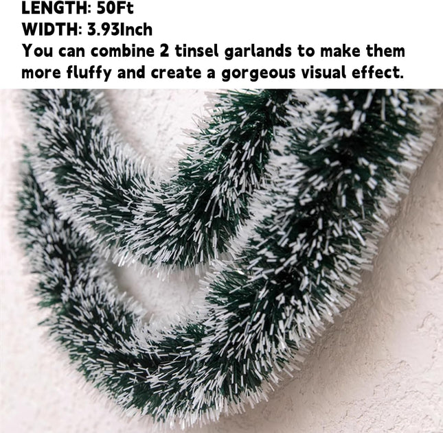 50 FT/15M Long Snowy Green Artificial Christmas Tinsel Garland Decorations DIY for Xmas Tree,Fireplace Mantel,Stairs Railing Outdoor Indoor Holiday Decor (White)