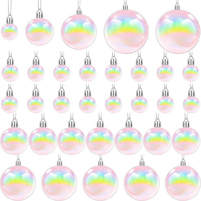 Wettarn 50 Pcs Christmas Iridescent Ornaments Balls 1.2'' 2'' 3.2'' 4'' Transparent DIY Shatterproof Hanging Christmas Rainbow Christmas Ornaments Decorations Xmas Tree Wreath Holiday Party(Pink)