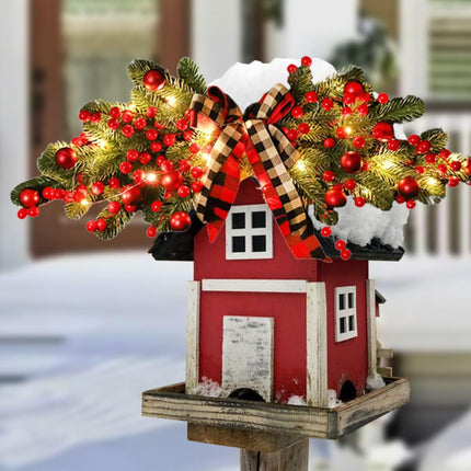 27.6 Inch Artificial Christmas Swag,Winter Pine Needles Decoration Swag with Ribbon Bow and Red Berry,Front Door Decor Christmas Wreath-with lamp
