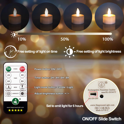 HL Rechargeable Battery Candles with Remote Timer, 6pcs 50+Hours Rechargeable Tea Lights Candle, LED Votive Tea Lights Candles Yellow Flickering Light for Halloween Christmas Table Centerpiece