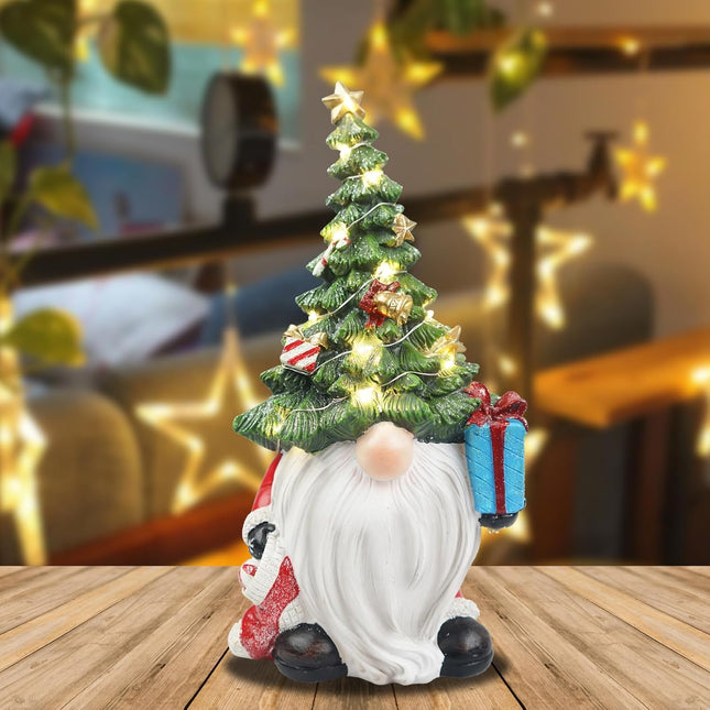 Lighted Christmas Tree Gnome Decoration - Resin Xmas Gnomes Figurine Light Up for Holiday Winter Indoor Home Table Decor